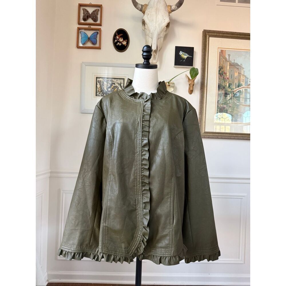 Hot in Hollywood Vegan Faux Leather Green Ruffle Jacket 2X